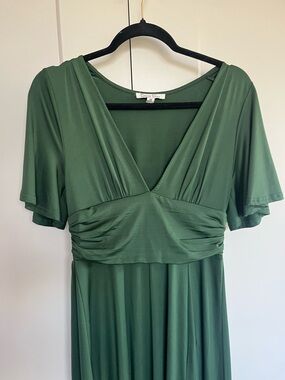 Flowing Deep Green V-Neck Maxi Dress with Flutter Sleeves